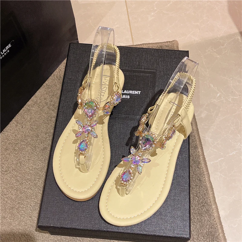 Women Rhinestone Fashion Clip Toe Flat Roman Sandals New Summer Feamle Comfortable Anti Slip Beach Shoes Flip Flops Plus Size 42