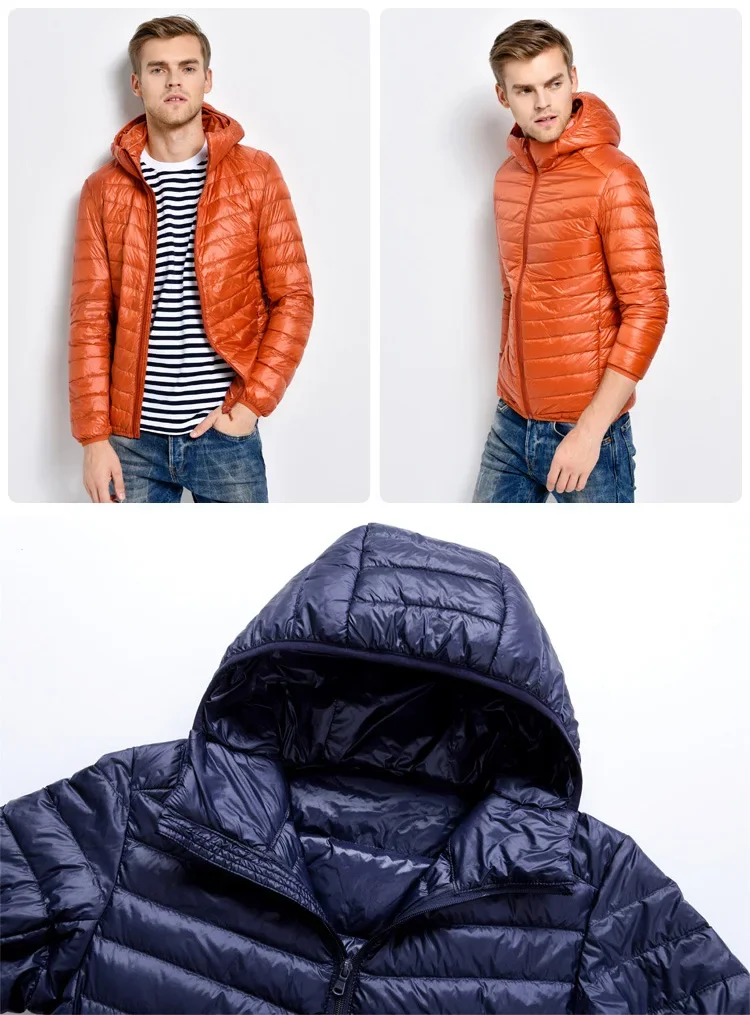 Plus Size Schinteon Men White Duck Down Jacket Ultra Light Thin Casual Coat Outerwear with Hood New Arrival Winter Autumn