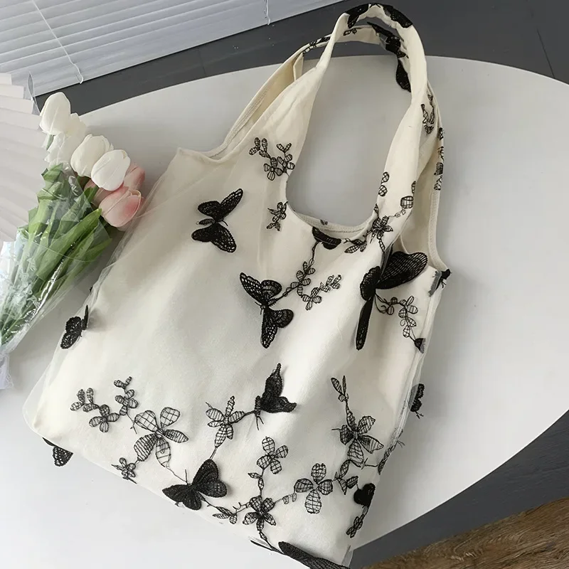 Women's Embroidered Black Butterfly Canvas Bag Lace Fairy Leisure Travel Bag Literary Large Capacity Versatile Shoulder Bag