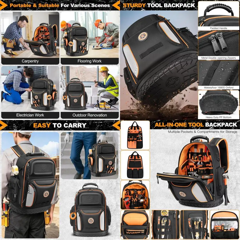 

Large Heavy-Duty 75-Pocket Tool Bag Backpack with Molded Base and Combination Lock for Electricians and Construction Workers - B