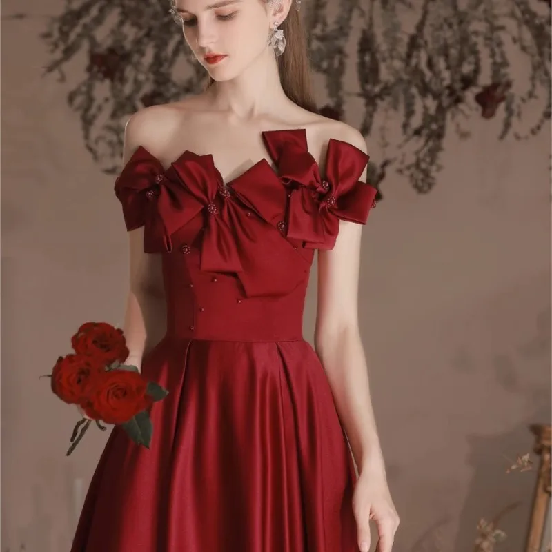 

shoulder satin toasting dress new red women back