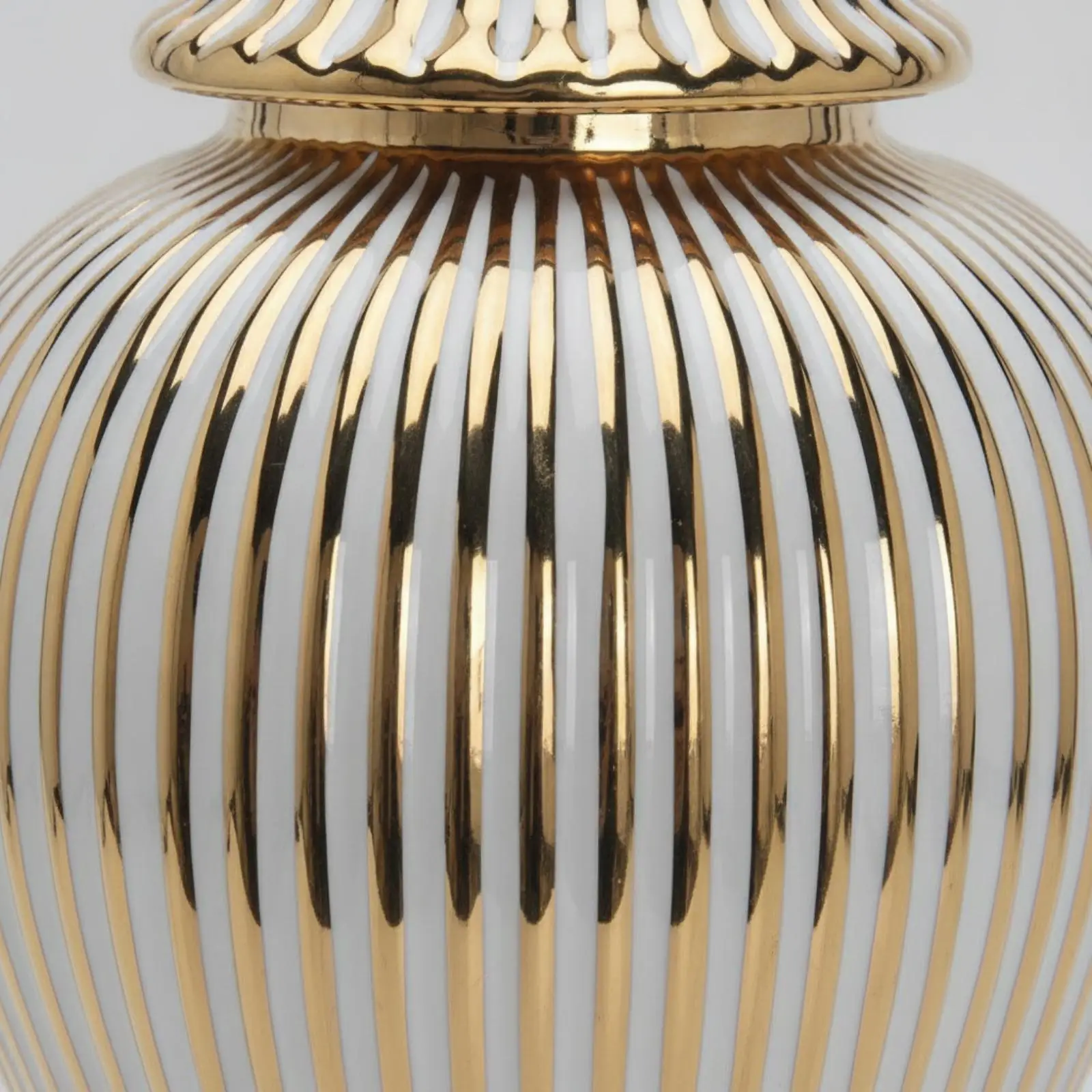 Ceramic Ginger Jar Vase with Matching Lid Glossy Fluted Design Gold Tone Accent Refined Table Decor for Faux Botanicals Entryway