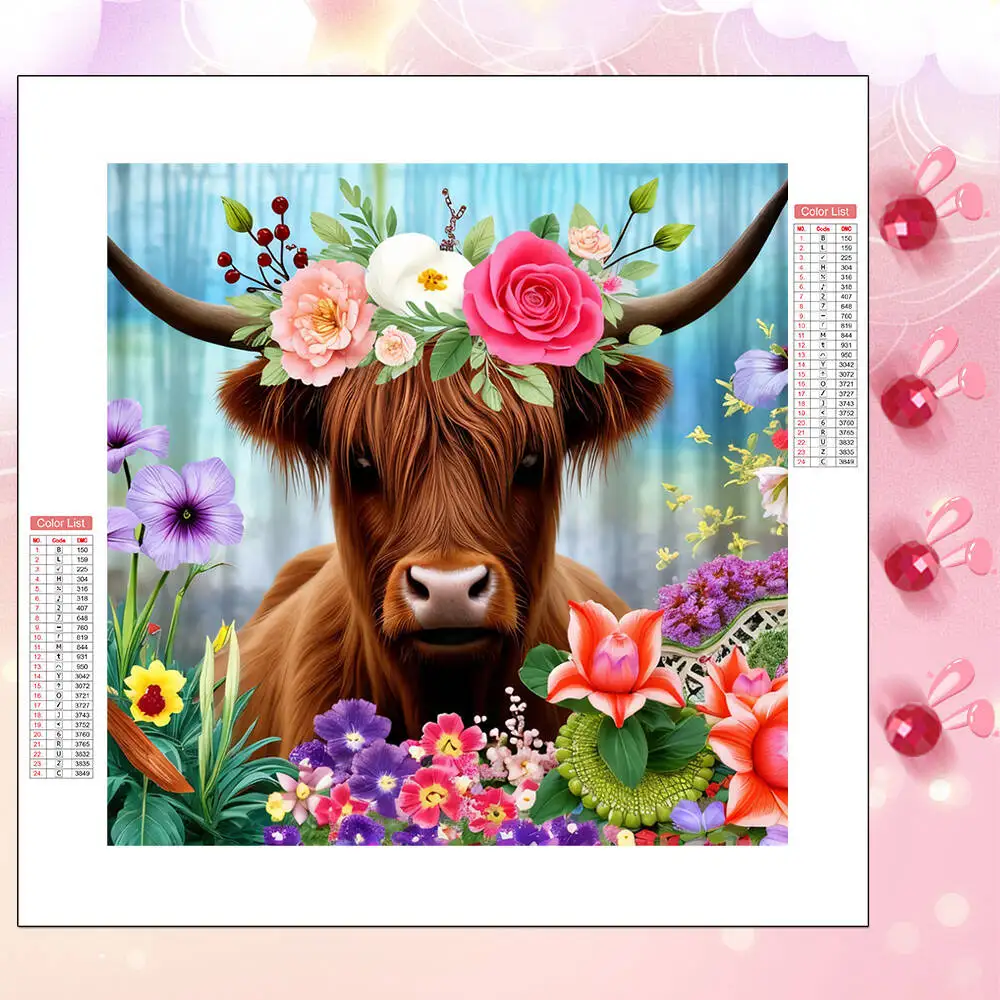 

HUACAN 5D DIY Diamond Painting Cow Animal Flower Full Square Round Diamond Mosaic Living Room Wall Decoration