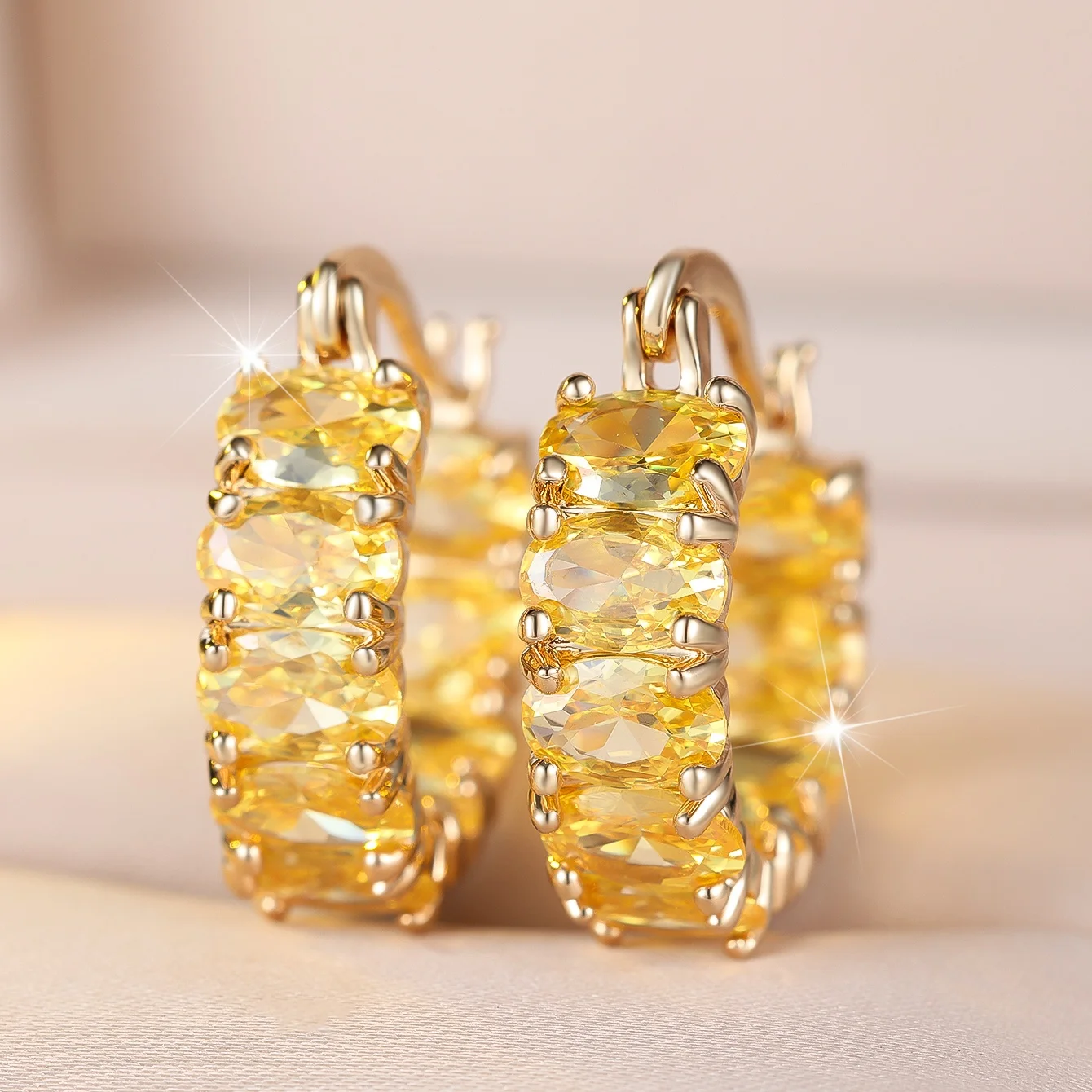 Crystal Yellow Oval Zircon Stone Hoop Earrings For Women Vintage Gold Color Wedding Jewelry