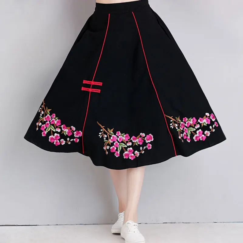 

Embroidered Vintage Chinese Style Spring Summer Elastic Waist A-line Skirt Ladies Fashionable Patchwork Loose Loose Waist Skirts