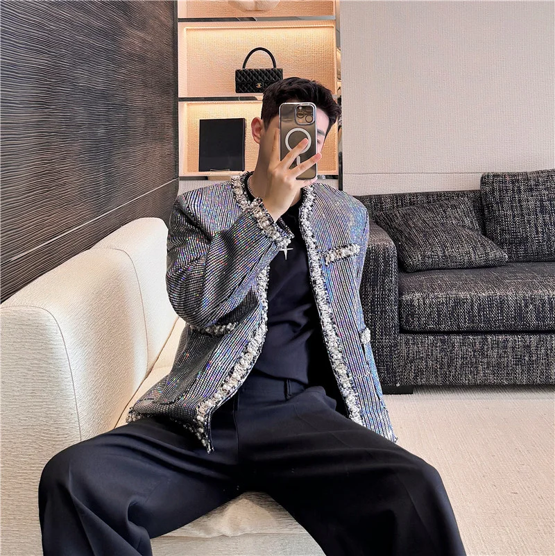 

Handmade Beaded Pearl Decorative Jaet Heavy Work Outerwear for Men And Women iny Sequin Top Youth Faion Spring...