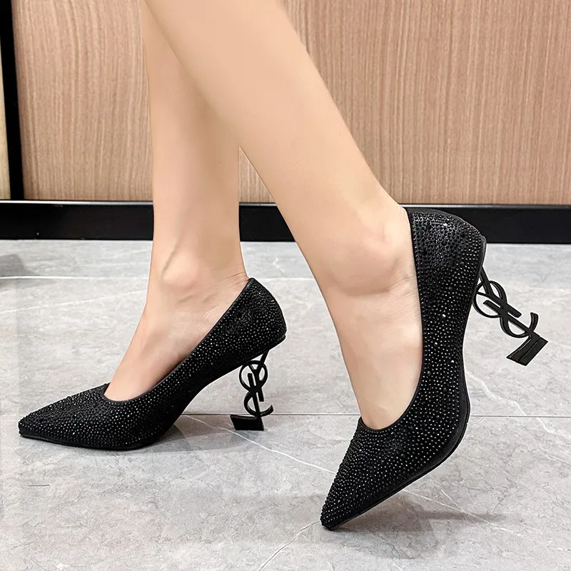 2025 new style net red temperament shoes sexy slim one-strap sandals metal flower square head pointed stiletto party high heels