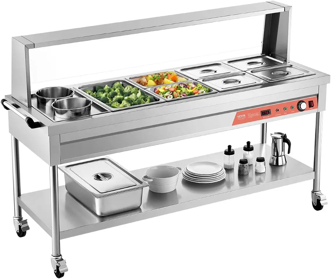 

Commercial Electric Food Warmer 7 Pans 2 Pots Steam Table 1800W Professional Buffet Catering Food Warmer with Shield