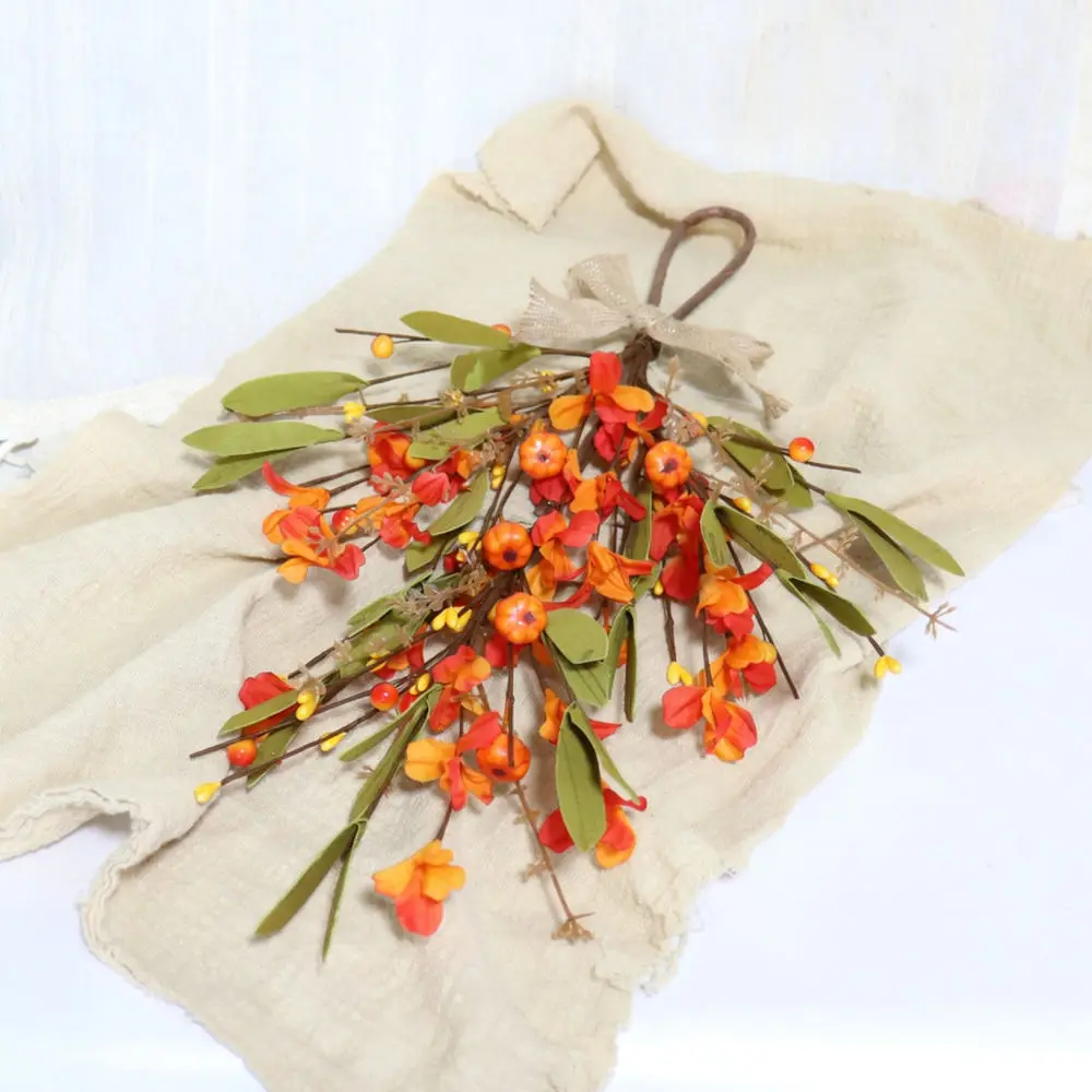 Fall Harvest Pumpkin Teardrop Wreath Artificial Floral Wall Door Hanging Decoration For Thanksgiving Festival Home Party