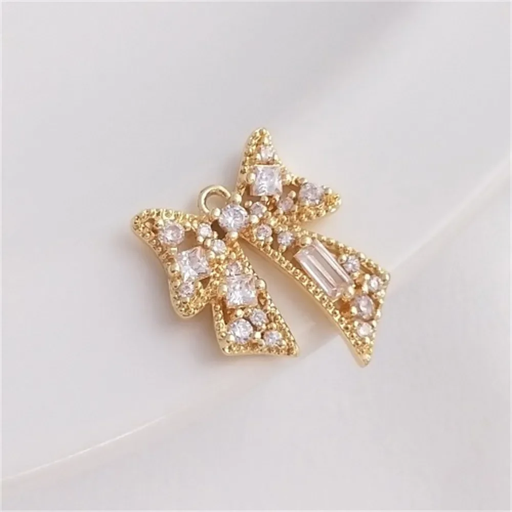 Inlaid with Zircon 14K Gold Solid Bow Pendant Handmade DIY Fashion Pendant Earrings Bracelet Jewelry Charm K361