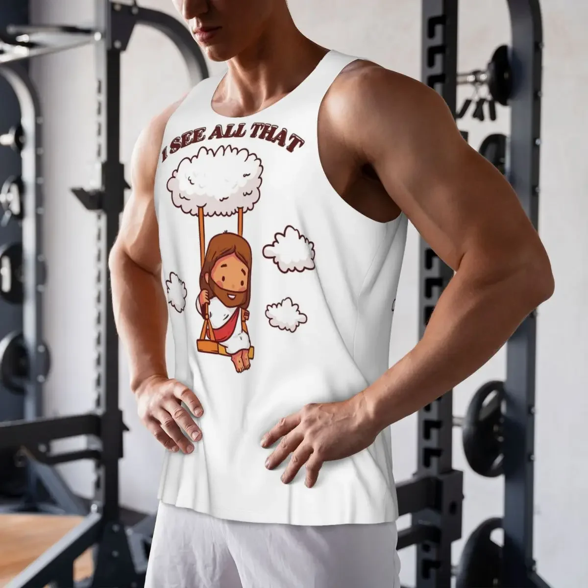 Quick Dry I See All That Cute Jesus On A Cloud Swing Gym Tank Muscle Sleeveless Shirt Bodybuilding Breathable Vest