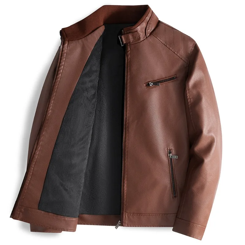 

Men's PU Jackets Autumn Winter Fleece Warm Stand Collar Slim Causal Coat Moto Biker Coat Solid Zip Pockets Long Sleeves Men Coat