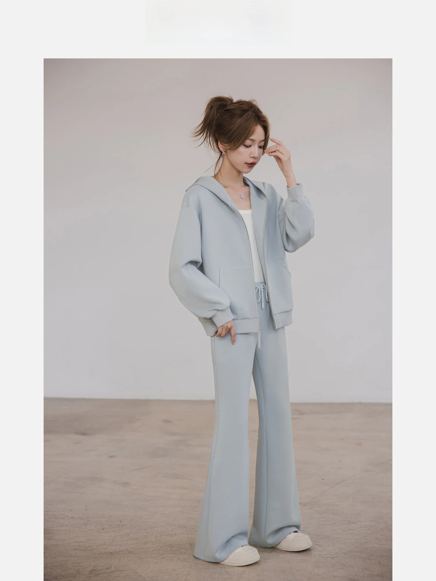 

Macaron Set with Hoodie Jacket And Flared Pants Women's Two-Piece Suit Autumn Collection Slimming High Waist Elasticity