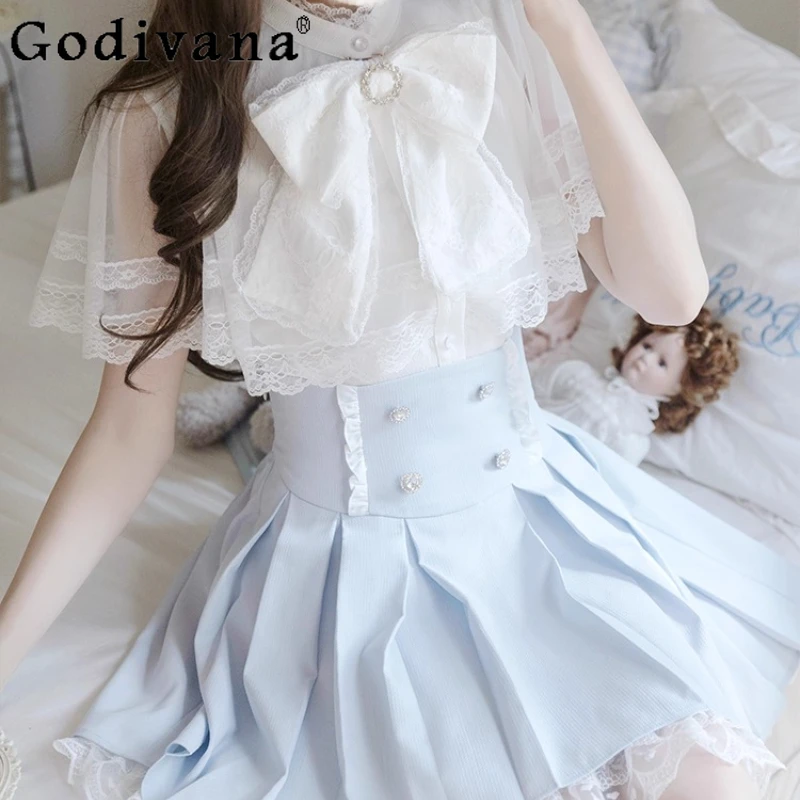 

Women's New Style Lolita Set Elegant Cape Lace Short Sleeve Shirt High Waist Blue Skirt Girly Suit Two Pieces Skirt Outfits