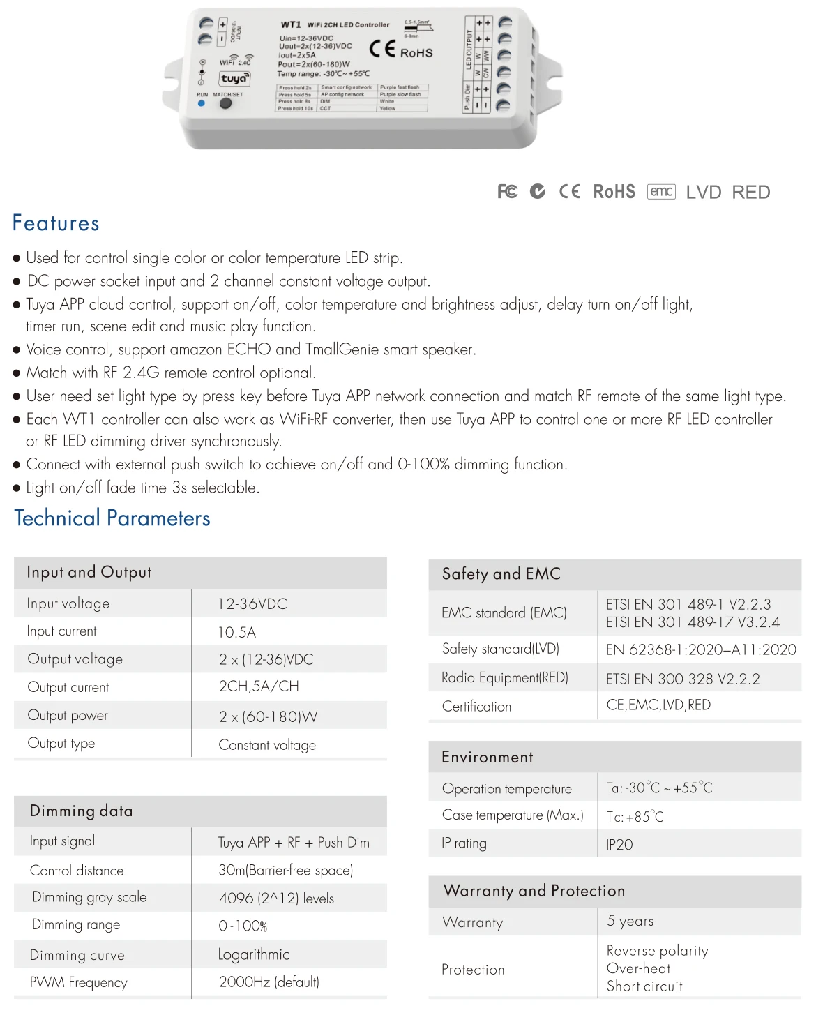 Tuya Wifi LED Controller WW CW CCT Controller WT1 Dimmer DC 12V 24V 36V 2.4G RF Wireless Remote Dimming Switch for Alexa Google