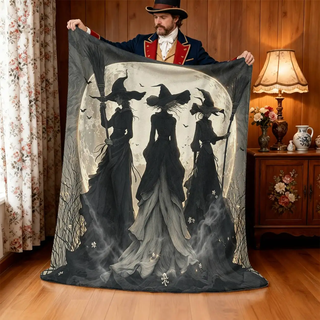 Flat Item, Black Witch Holding Broom, Full And Bare Tree, Dark Retro Style, Fleece Blanket, Skull Blanket, Grim Reaper Decor, Go