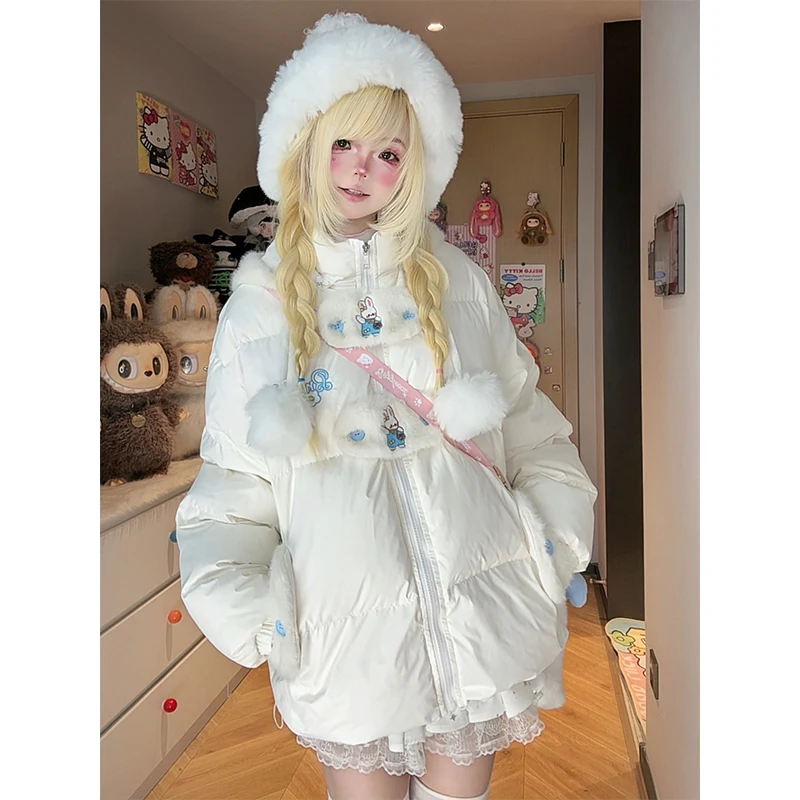 سترة شتوية أصلية Y2K للطالبات سترة شتوية دافئة سميكة مطرزة برسوم كارتونية للأسفل سترة بقلنسوة على شكل آذان أرنب قطيفة للفتيات #5