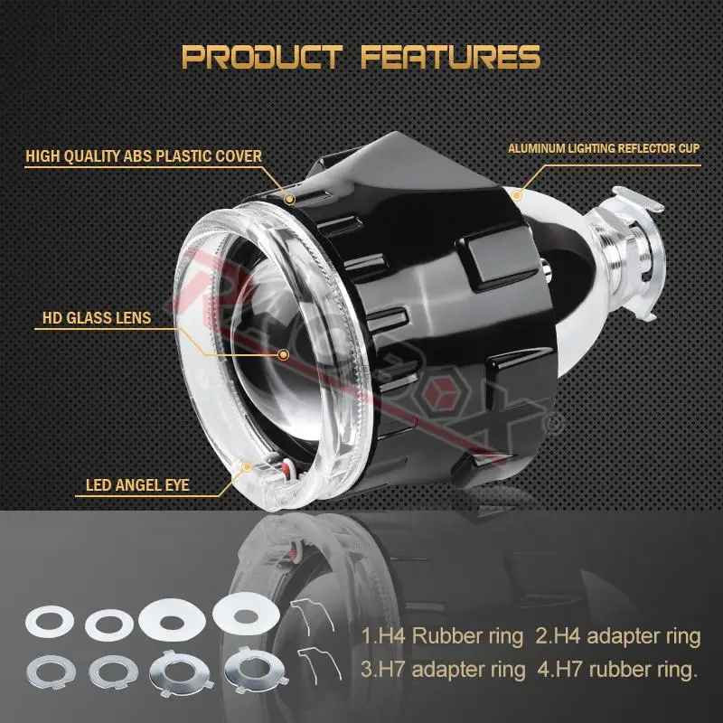 RACBOX Universal 2.5 Inch Led Angel Eyes Bi-Xenon Projector Lenses Driving Light DRL H4 H7 Car Retrofit Styling Use H1 Lamp