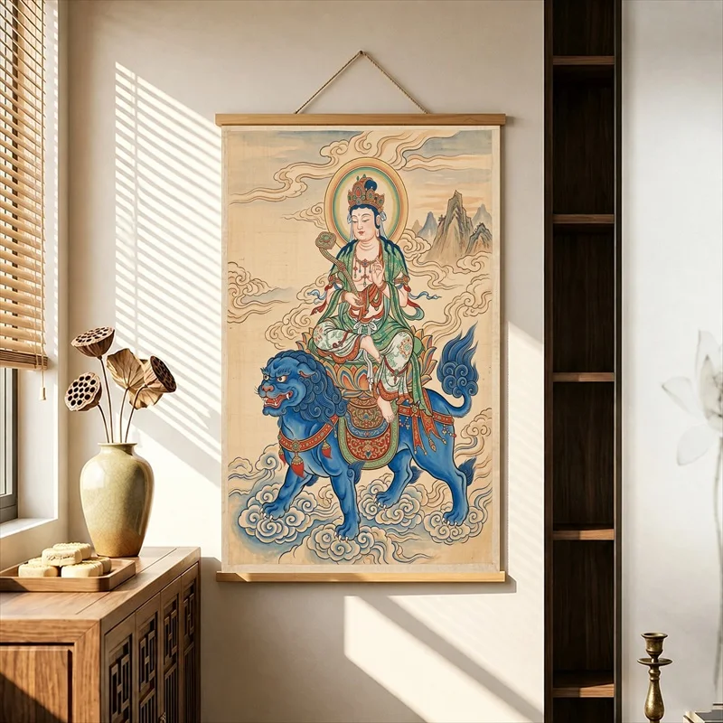 Wall Decorations Guardian Figures Riding Mythical Lions, Ancient Silk Art Pearlescent Canvas Hanging Scroll for Meditation Room