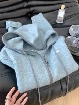 

Корейская вязаная кофта на молнии с капюшоном для женщин, осенний дизайн, модная, универсальная, очень красивая, приталенная, с длинными рукавами