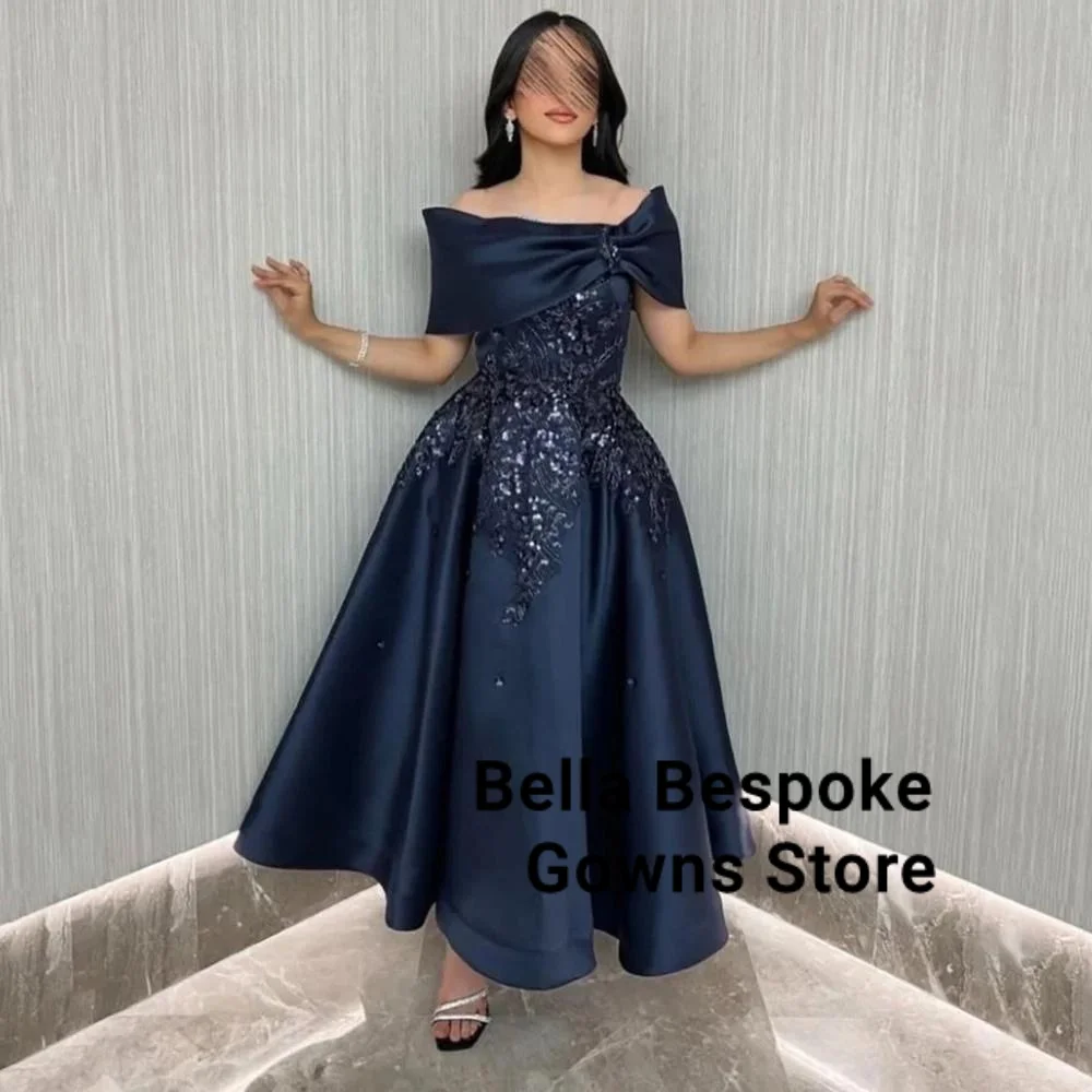 Customized Navy Blue A-line Flower Appliques Satin Evening Dress Draped Off the Shoulder Sleeveless Ankle Length Party Prom Gown