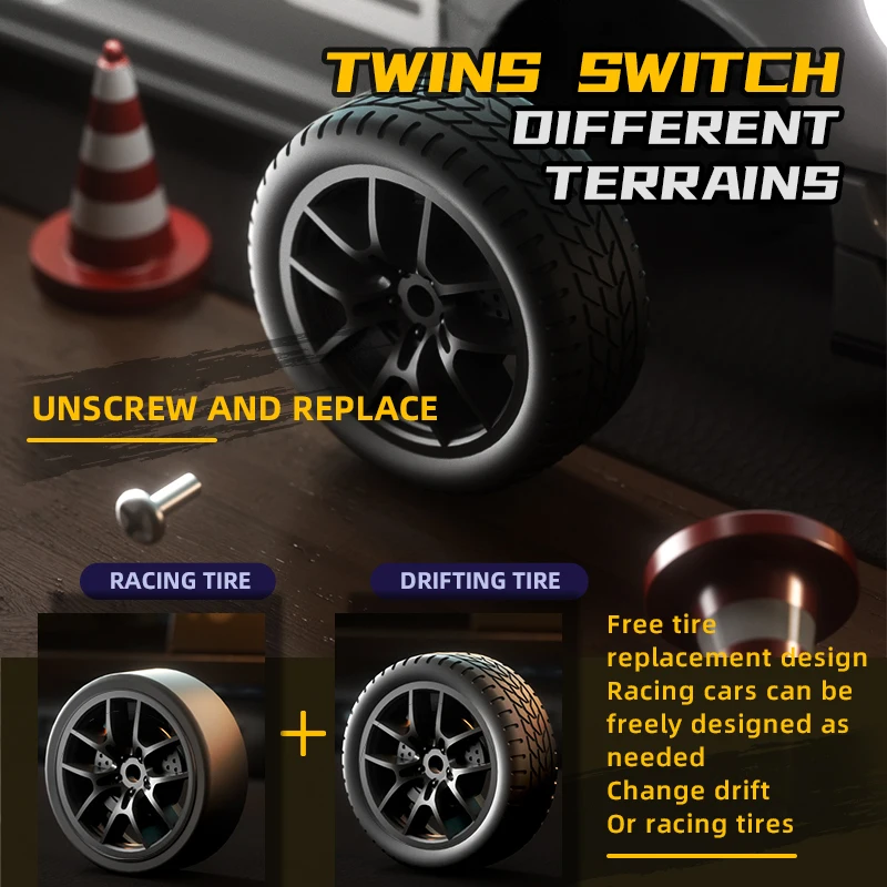 1 voiture à dérive télécommandée, voiture de course à grande vitesse équipée de pneus à dérive, barrières routière et lumières LED, accélérateur à grande échelle