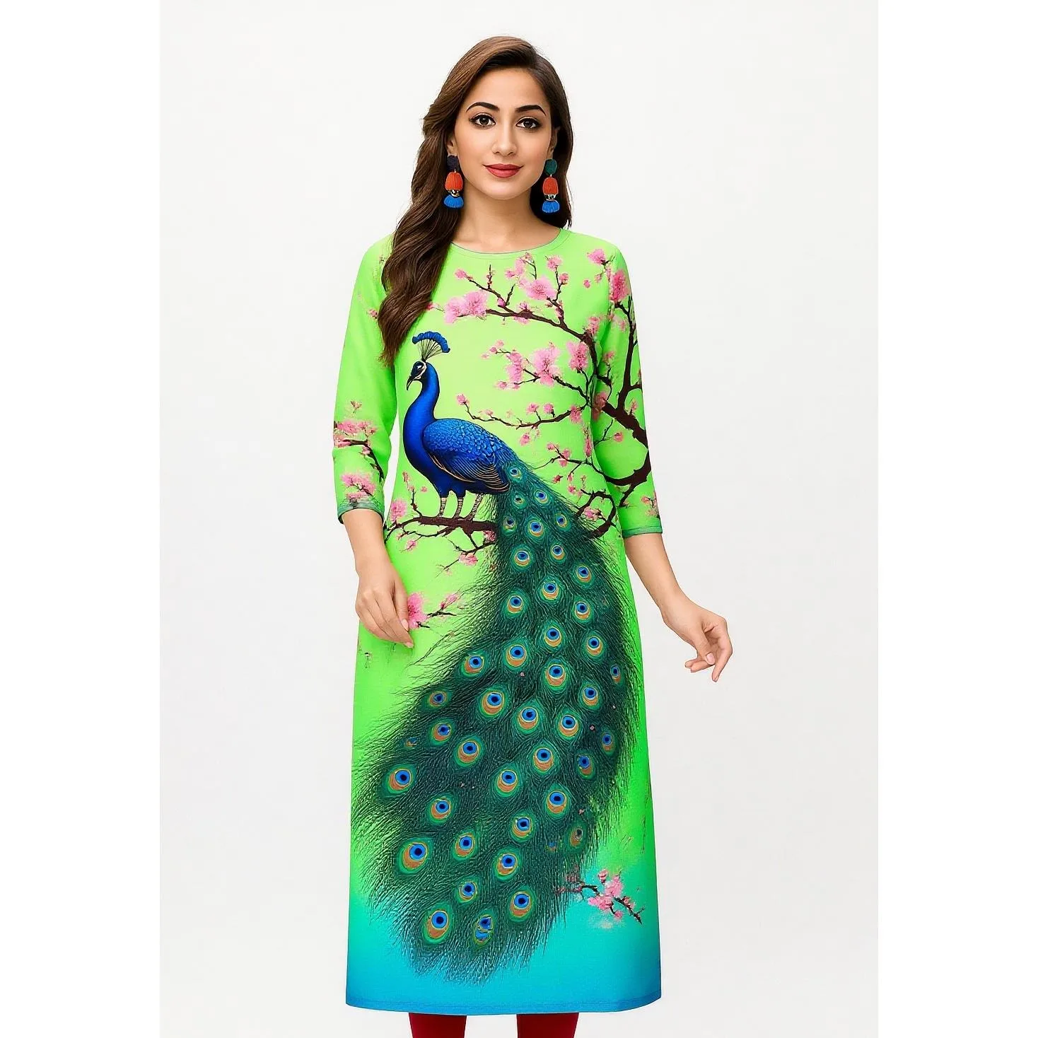Muslim Dress Kurt Fashionable Elegant National Style Straight Tube Casual Slit Hem Elephant Peacock Pattern Women Dress Abaya