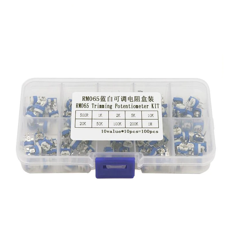 100PCS/LOT 10 Values *10PCS RM065 Vertical Adjustable Resistor Kit In Box 500 ohm-1M ohm  Multiturn Trimmer Potentiometer Set