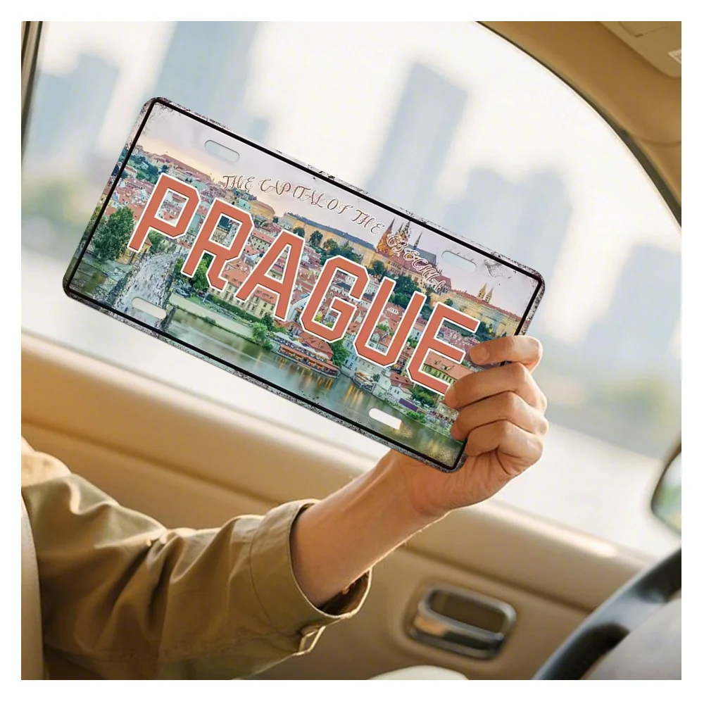 2D Flat Retro Prague Aluminum License Plate Frame, Featuring a Countryside European Cityscape Design with The Word 'PRAGUE'
