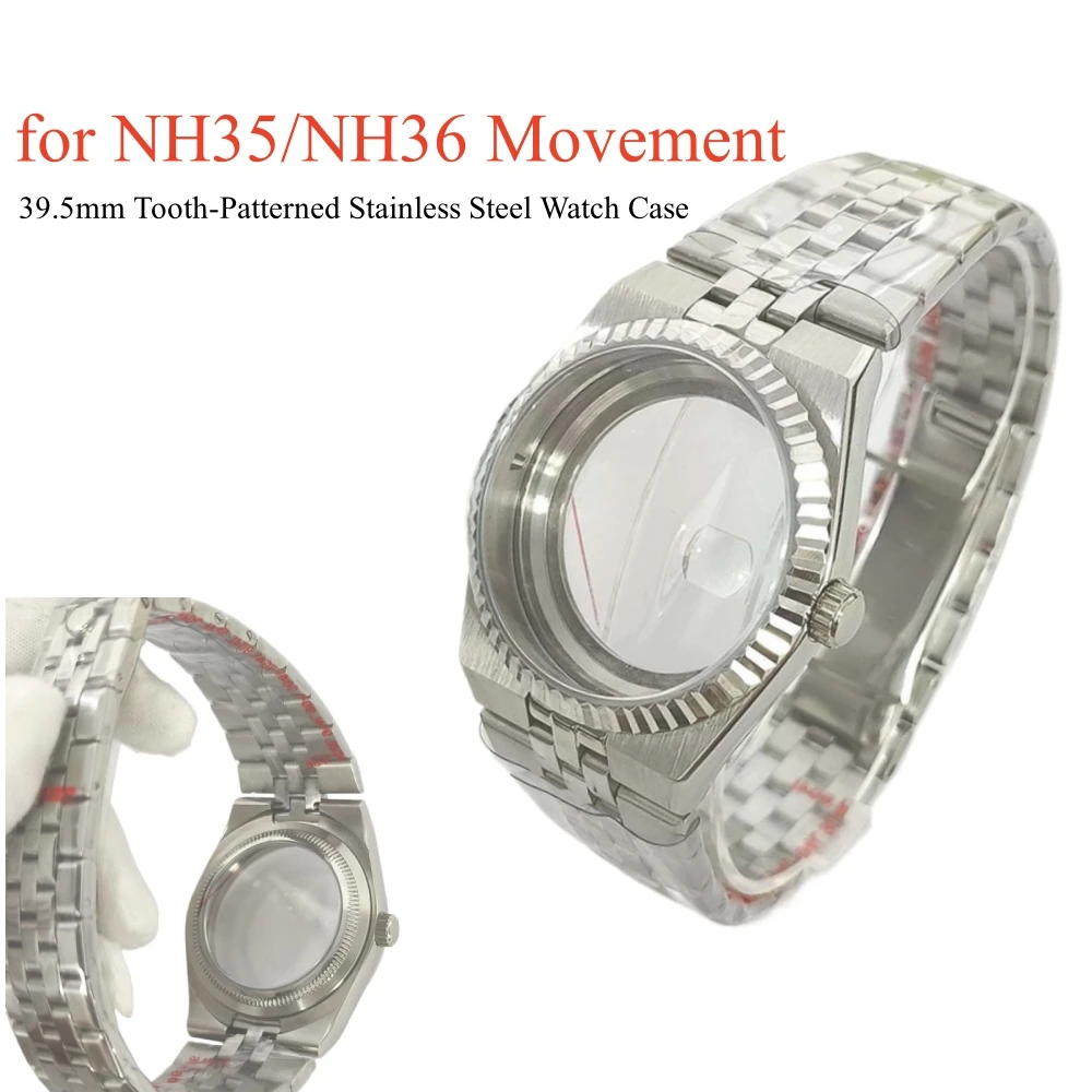 39.5mm Tooth-Patterned Stainless Steel Watch Case for NH35/NH36 Movement Transparent Back and Magnifying Sapphire Crystal Case