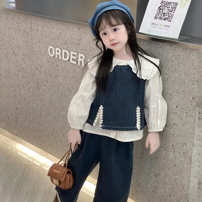 

Детский костюм: Новинка осени, модная блузка с рюшами и джинсовая юбка на бретелях, комплект из трех предметов