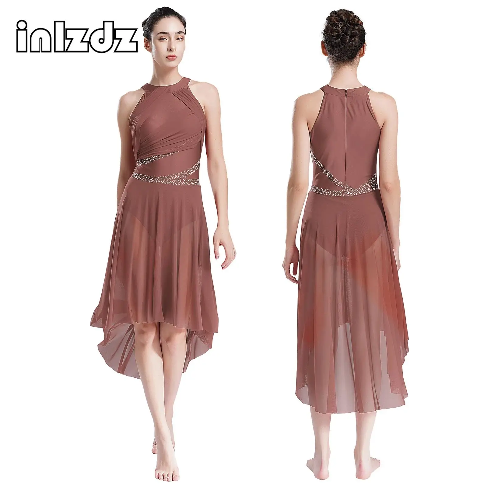 Vestido de Ballet sin mangas para mujer, vestido de baile lírico moderno con diamantes de imitación brillantes, falda de tul, traje de rendimiento de Patinaje Artístico