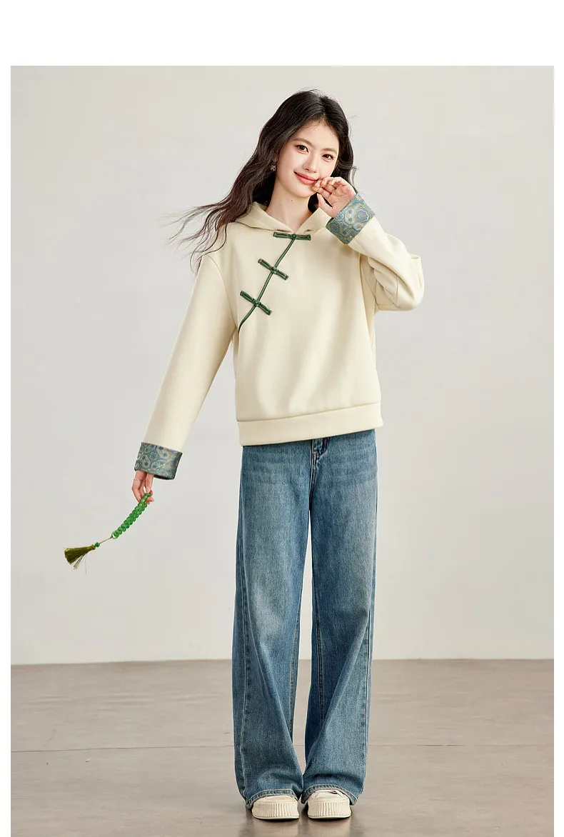 VIMLY New Chinese Style Hooded Sweatshirt Fall Winter Color Contrast Frog Button Fleece Lined Thickened Pullover Ladies A7683
