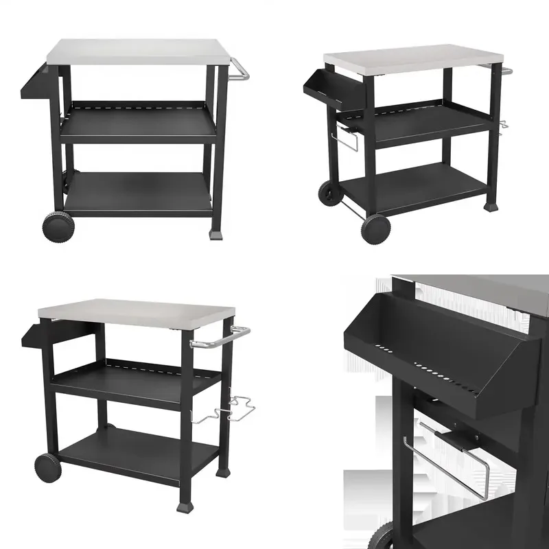Multifunctional metal non-folding kitchen rack with 6-inch PE wheel trolley and barbecue workbench