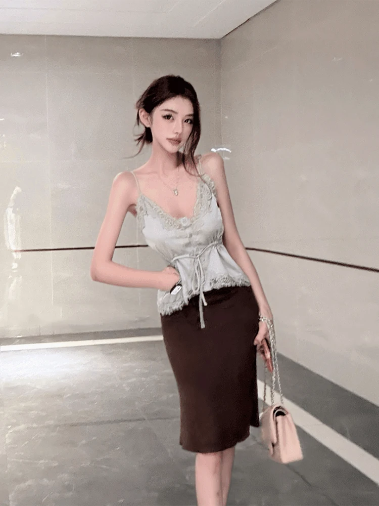 

Sexy Lace Splice Satin Halter Women's Summer Double Layer Mesh Wrap around High Waist Skirt Two Piece Set plus Size Fashion