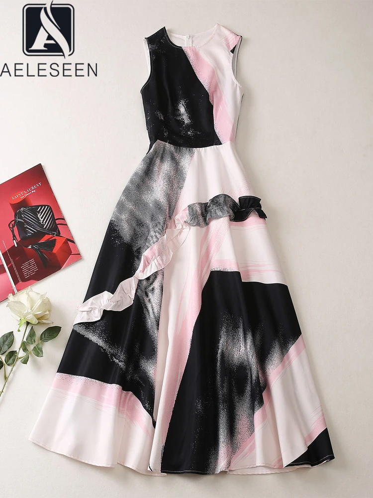 

AELESEEN Summer Tank Dress Runway Fashion Women Sleeveless Contrast Color Geometric Ruffles Print Female Long Party Holiday