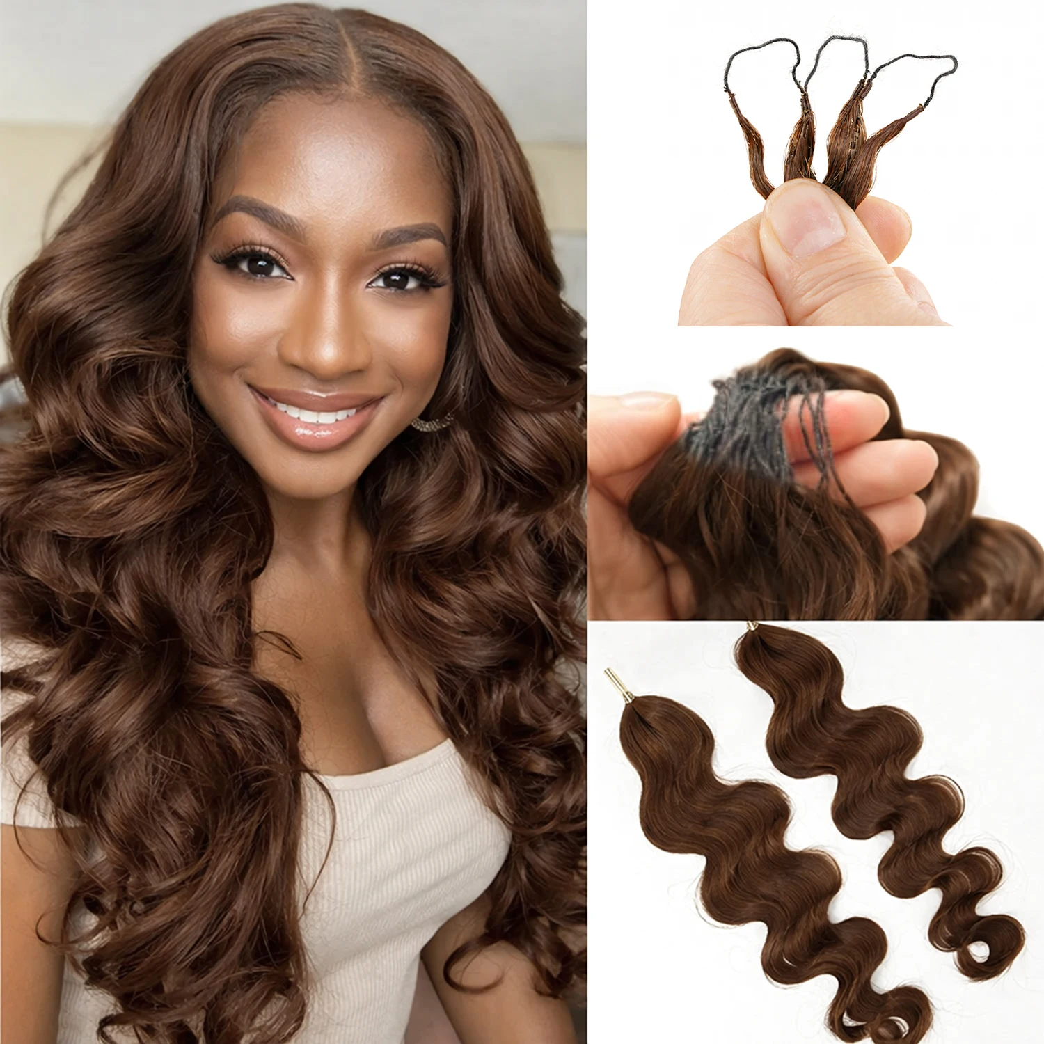 

Заплетенные косички Miracle Knot # 4 пряди коричневых волос Body Wave для наращивания крючком, предварительно разделенные, невидимые, с эффектом перьев