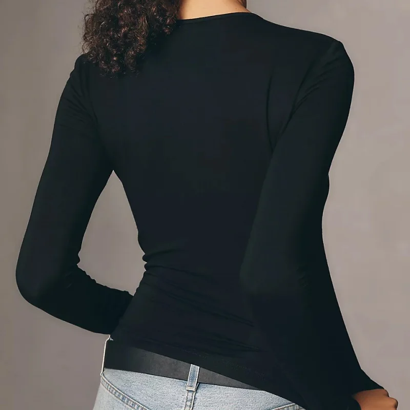 Women's Spring Summer Basic Tops Long Sleeve Solid Color Slim Fit Twist Knot Front Blouse