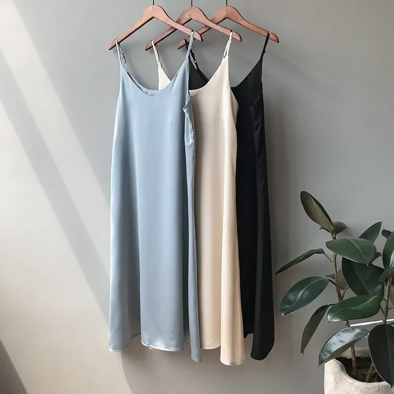 Spring Summer 2025 New Woman Tank Dress Casual Satin Sexy Camisole Elastic Female Home Beach Dresses V-neck Camis Sexy Dress