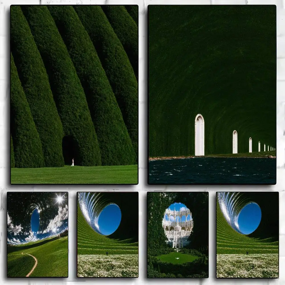 Surreal Dreamy Green Landscape Poster Infinite Spiral Portal Scenery Surrealism Arch Garden Sky Optical Illusion Bedroom Decor