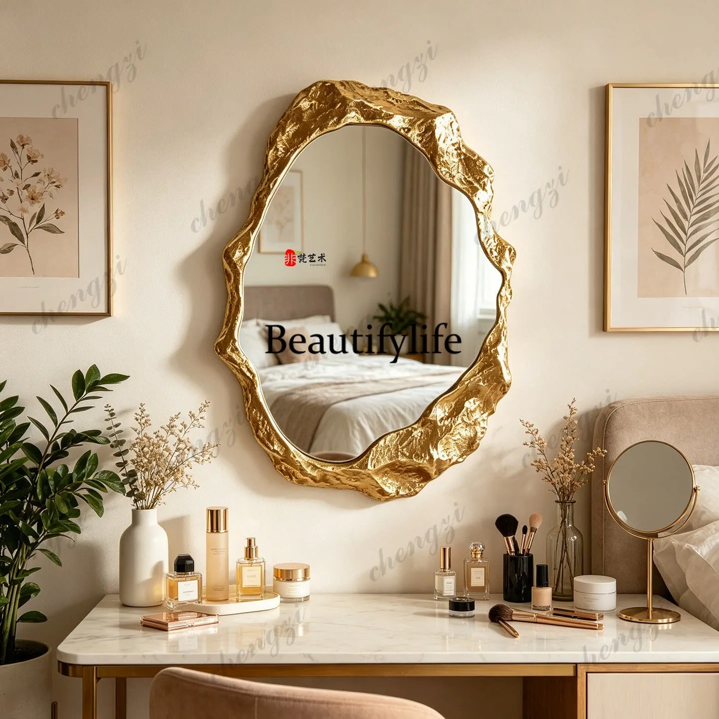French light luxury irregular bathroom mirror wall-mounted toilet washstand makeup, American style, decorative mirror