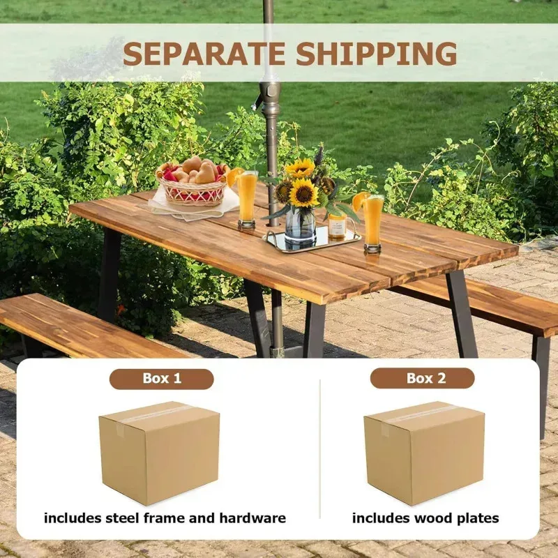 QAZ8-Giantex 아카시아 나무 피크닉 테이블 벤치 세트.6피트 목재 야외 식탁 세트(2인치 우산 구멍 포함).헤비 듀티 맥주 테이블