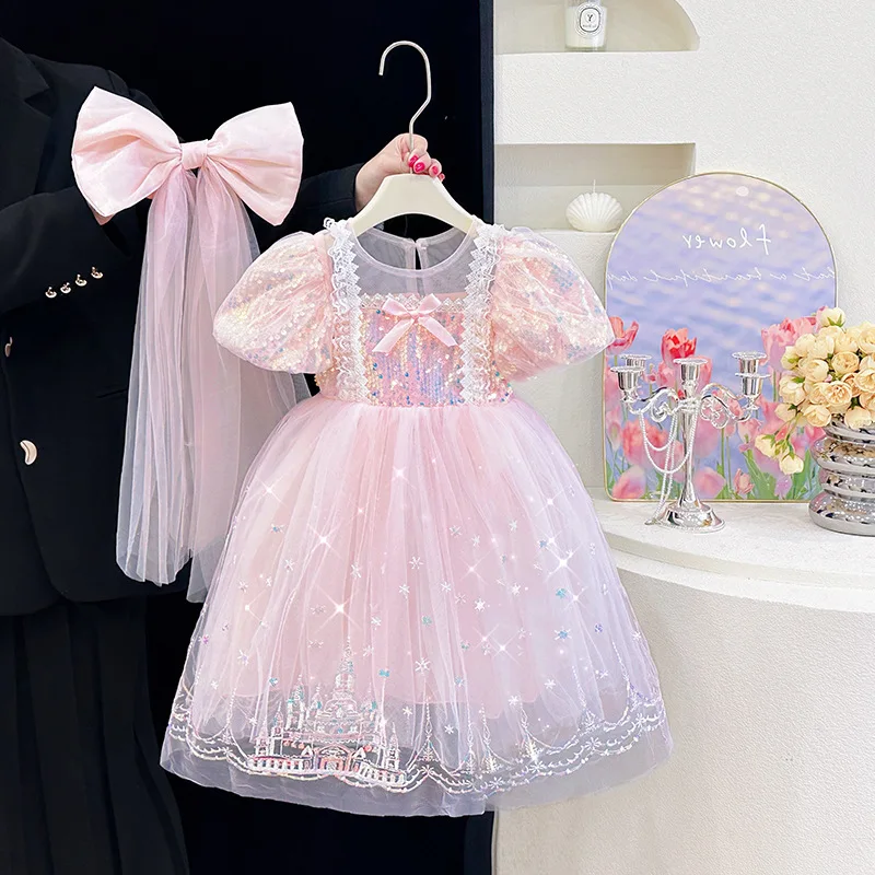Summer Girls Dresses Pink Flower Mesh Princess Dress Puff Sleeve Fancy Birthday Party Prom Dress Role Playing Formal Costume