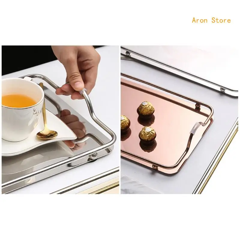 Nordic Rectangular Stainless Steel Mirror Tray with Handles Coffee Serving Tray H3CF