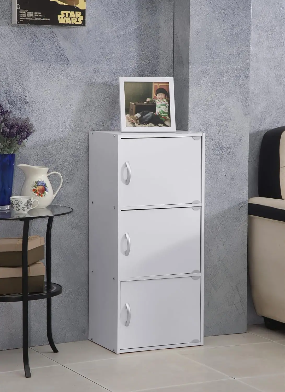 خزانة تخزين بيضاء بثلاثة أبواب مع أرفف، سهلة التجميع، منظم متعدد الأغراض للمكتب المنزلي #2