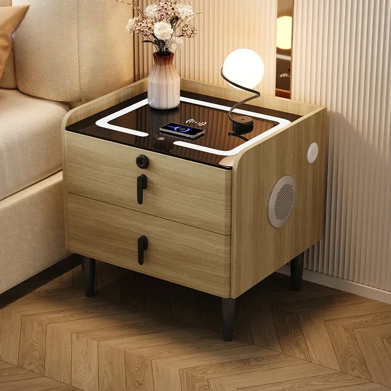 Luxury Nordic Led Bedroom Nightstand Ports Unique Design Smart Bedsides Table Storage Solid Wood Mesitas De Noche Furniture Home