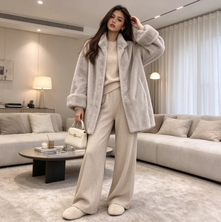Mid Length Coat Women Faux Fur Coats Jackets Work Autumn Winter Stand Collar Thick Y2k Streetwear Jacket Casual Loose outwear