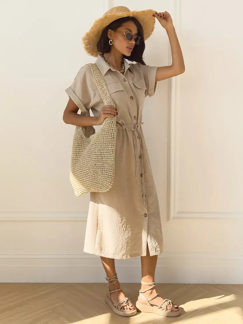 

Parc Fee Summer Loose Khaki Women's Dress 2026 Fashion Lapel Short Sleeve Midi Dresses Lady Elegant Classic Slit Female Dress
