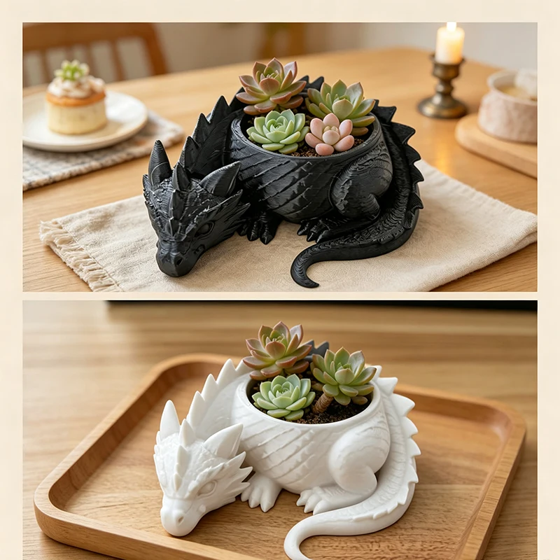 3D Printed Dragon Shaped Flowerpot Funny Dragon Figurine Planter Dragon Statue Desktop Ornament Jewelry Storage Tray Home Decor