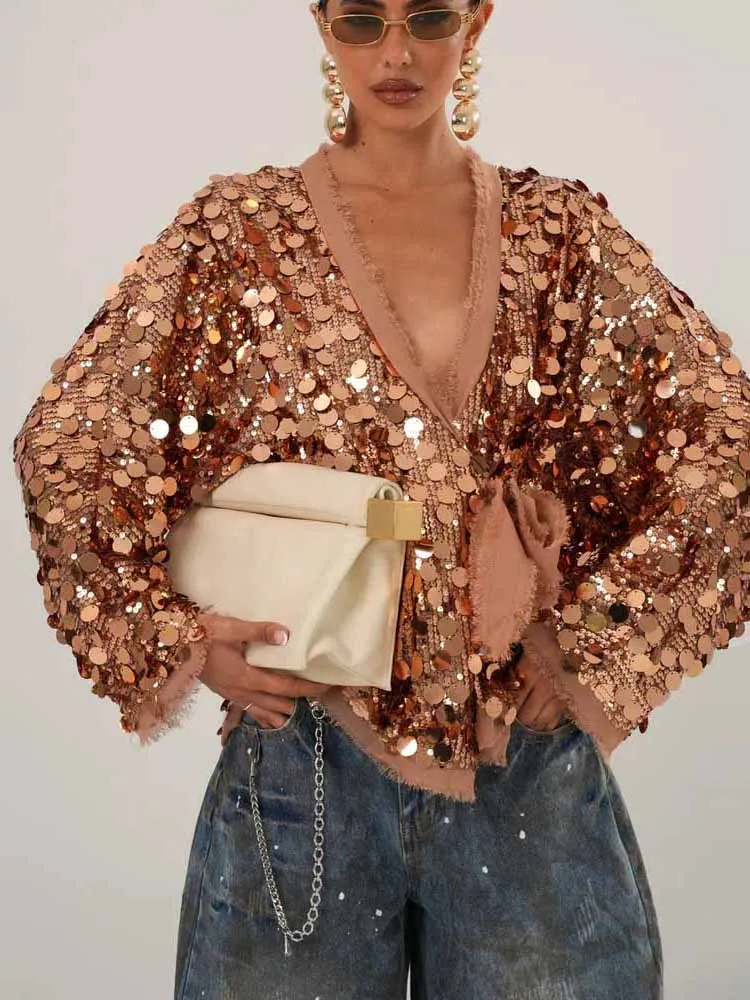 

BKQU женский кардиган на шнуровке с блестками, элегантный свободный блестящий пиджак с v-образным вырезом и длинными рукавами, женский 2022, осенняя вечеринка, уличная одежда Y2K, топы